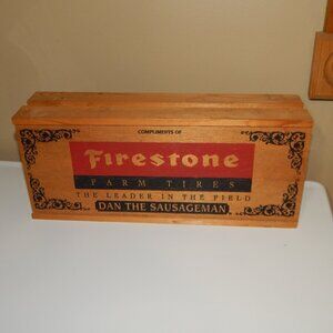 Vintage Firestone Farm Tires Advertising Dan The Sausageman Wood Box Crate & Lid